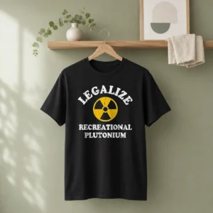 Top Legalize Recreational Plutonium Radiation Symbol Parody t shirt in black, featuring bold graphic print on front