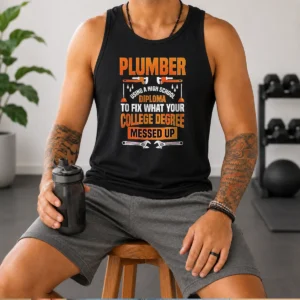 Premium Plumber High School Diploma College Degree Messed Up Tank Top in black, sleeveless casual wear