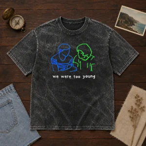 Premium We Were Too Young Line Art Couple Washed T-Shirt