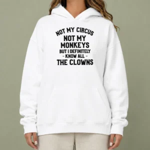 Pretty Not My Circus Not My Monkeys But I Definitely Know All The Clowns Hoodie in black, front view with bold white and red text design