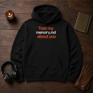 Premium Told My Memory Md About You Hoodie in charcoal gray, featuring front pocket and adjustable drawstring hood