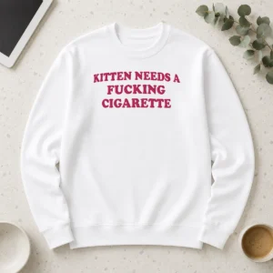 Official Funny Embroidered Novelty Apparel Kitten Needs A Fucking Cigarette long sleeve shirt in black with embroidered kitten design