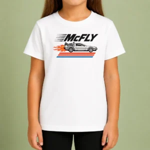 Nice Top Mcfly Flaming Delorean Time Machine Kids T Shirt in vibrant colors with a playful graphic on a soft cotton fabric