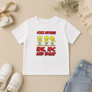 Pretty Tweety Stuck Between IDK IDC And IDGAF Kids T Shirt featuring colorful graphic on soft cotton fabric