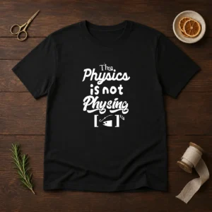 Awesome The Physics Is Not Physing Geek t shirt in black with bold white text graphic