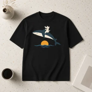 Awesome Cat Riding Whale Vintage Ocean Sunset t shirt featuring a retro ocean sunset design with cat riding a whale