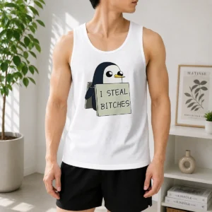 Top Gunter The Penguin I Steal Bitches Adventure Time tank top featuring bold graphic print on a sleeveless cotton fabric