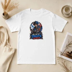 Pretty Official Takas World Anime Characters Streetwear t shirt showing front print on a short sleeve cotton tee