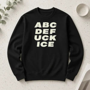 Premium Ethan Nestor A B C D E Fuck ICE long sleeve shirt with bold graphic print in black