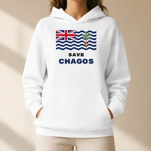 Official Save Chagos British Indian Ocean Territory Flag hoodie in black with front graphic print and drawstring hood