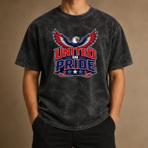 Pretty United In Pride Eagle Typography printed on a soft washed t shirt in a relaxed fit