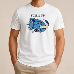 Pretty Tusks Up Blue Boar Head By Ghou Viscera t shirt front view in blue with detailed boar head graphic