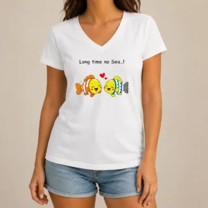 Funny Official Cute Fish Couple Long Time No Sea Pun Cartoon Illustration Animal V-Neck Shirt