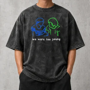 Original We Were Too Young Line Art Couple Washed T Shirt in soft cotton fabric with a relaxed fit