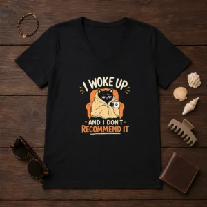 Original I Woke Up And I Don'T Recommend It Geek V Neck Shirt in dark color with clear text graphic
