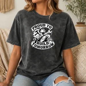 Awesome Pretty Labour Day Proud Builder Stencil printed on a soft washed t shirt in a casual fit