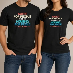 Pretty Nice Water For The People Not AI Housing For People Not Data t shirt in black, front view with bold white and blue text design