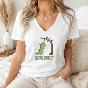 Good T Rex Eating Healthy The Ancient Struggle V-Neck Shirt