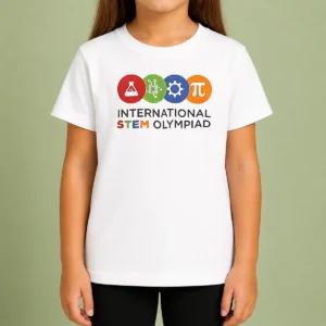 Official International STEM Olympiad Kids T Shirt in blue, featuring a comfortable short-sleeve design for children