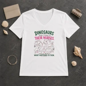 Hot Dinosaurs Didnt Listen To Their Nurses V Neck Shirt featuring a comfortable and casual fit with dinosaur graphic