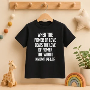 Good When The Power Of Love Beats The Love Of Power The World Knows Peace Pretty kids t shirt in blue, featuring positive message print