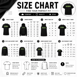 Size chart for Pretty Wiscansin University College Funny Parody with measurements in inches and cm