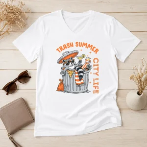 Good Funny Trash Summer City Life Raccoon V-Neck Shirt