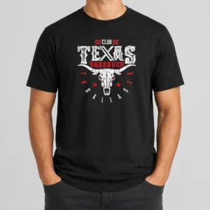 Hot Texas Takeover Club Dallas 2026 t shirt featuring bold text and graphic design on a classic crew neck cotton tee