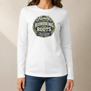 Nice Good Family Celebration Gratitude Mascot Badge long sleeve shirt in white, featuring a family celebration graphic