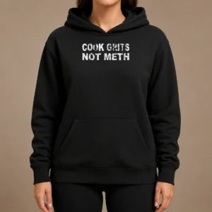 Pretty Cook Grits Not Meth Hoodie in black, front view with drawstring hood and kangaroo pocket