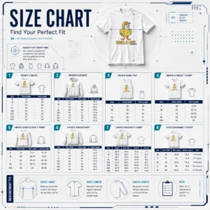 Size chart for Official Donald Dick Parody with measurements in inches and cm