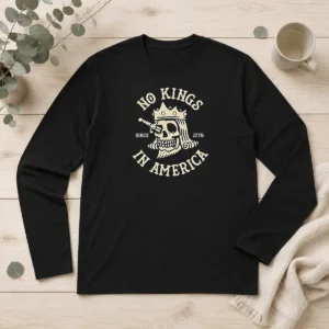 Official No Kings In America Since 1776 Skull American History Long Sleeve Shirt