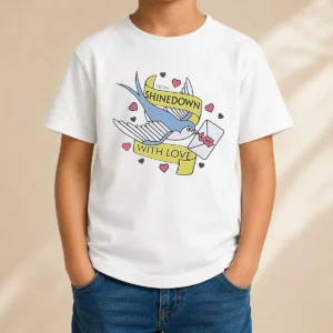Nice Original From Shinedown With Love Swallow Bird Carrying Letter Rock Music Kids T Shirt featuring colorful swallow bird graphic on a kids' short sleeve tee
