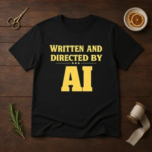 Top Written And Directed By AI Bold Text t shirt in black with bold white lettering on front