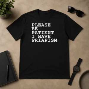 Original Top Please Be Patient I Have Priapism t shirt in black, crew neck, short sleeve cotton garment
