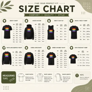 Size chart for Awesome No Need To Be Gay To Support LGBTQ Just Being An Empathetic Human Being Is Enough with measurements in inches and cm