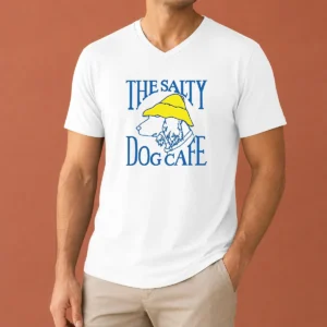 Hot Top The Salty Dog Cafe V Neck Shirt in navy blue with printed logo on front