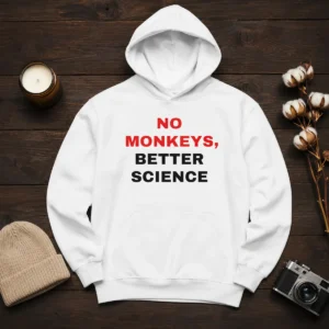 Funny Peta No Monkeys Better Science Hoodie in charcoal gray, front view with kangaroo pocket and adjustable drawstring hood