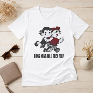 Pretty Premium Hong Kong Will Fuck You Cartoon Middle Finger V-Neck Shirt