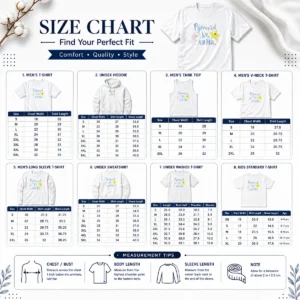 Size chart for Hot Powered By ADHD Cat And Star Illustration Doodle with measurements in inches and cm to help choose the right fit