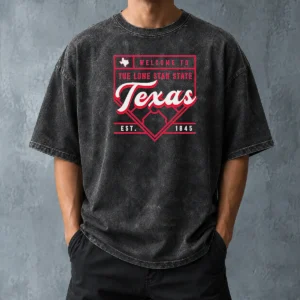 Official Welcome To The Lone Star State Texas Est 1845 Washed T Shirt showing soft textured fabric and vintage wash