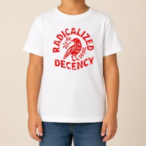 Top Radicalized By Basic Decency Distressed Bird Kids T-Shirt