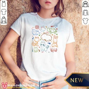 Funny Cute Doodle Animals And Creatures Kawaii V-Neck Shirt