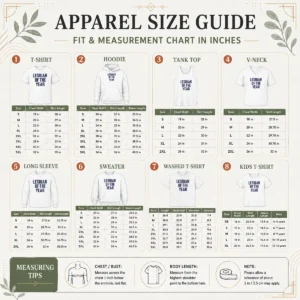 Size chart for Good Loty Lesbian Of The Year with measurements in inches and cm to help choose the right fit