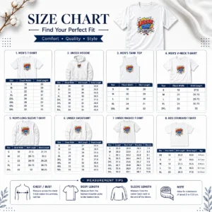 Size chart for Happy Official Pop Art Comic Labour Day Celebrate Workers with measurements in inches and cm to help choose the right fit