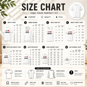 Size chart for Awesome Vids Ich Love Bier with measurements in inches and cm to help choose the right fit