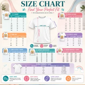 Size chart for Good Retro 70s Summer Bank Holiday Flower Power with measurements in inches and cm to help choose the right fit