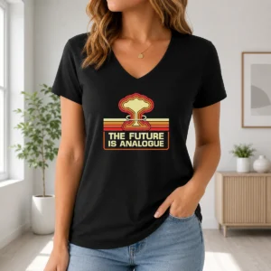 Funny Hot The Future Is Analogue Retro Nuclear Mushroom Cloud V-Neck Shirt