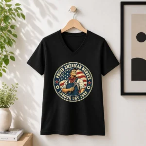 Nice Labour Day Proud American Worker Vintage Badge V-Neck Shirt