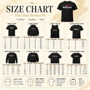 Size chart for Happy Nice I Love Whales with measurements in inches and cm to help choose the right fit